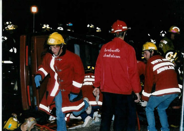 Sam E. Stoltzfus & Larry Kurtz participating in an drill with the Intercourse Fire Co. in 1993